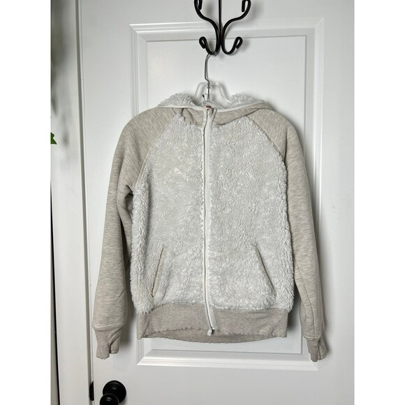 Athleta Girl Sherpa & Modal Cream & Grey Jacket Pockets, Hood and Zipper XL (14)